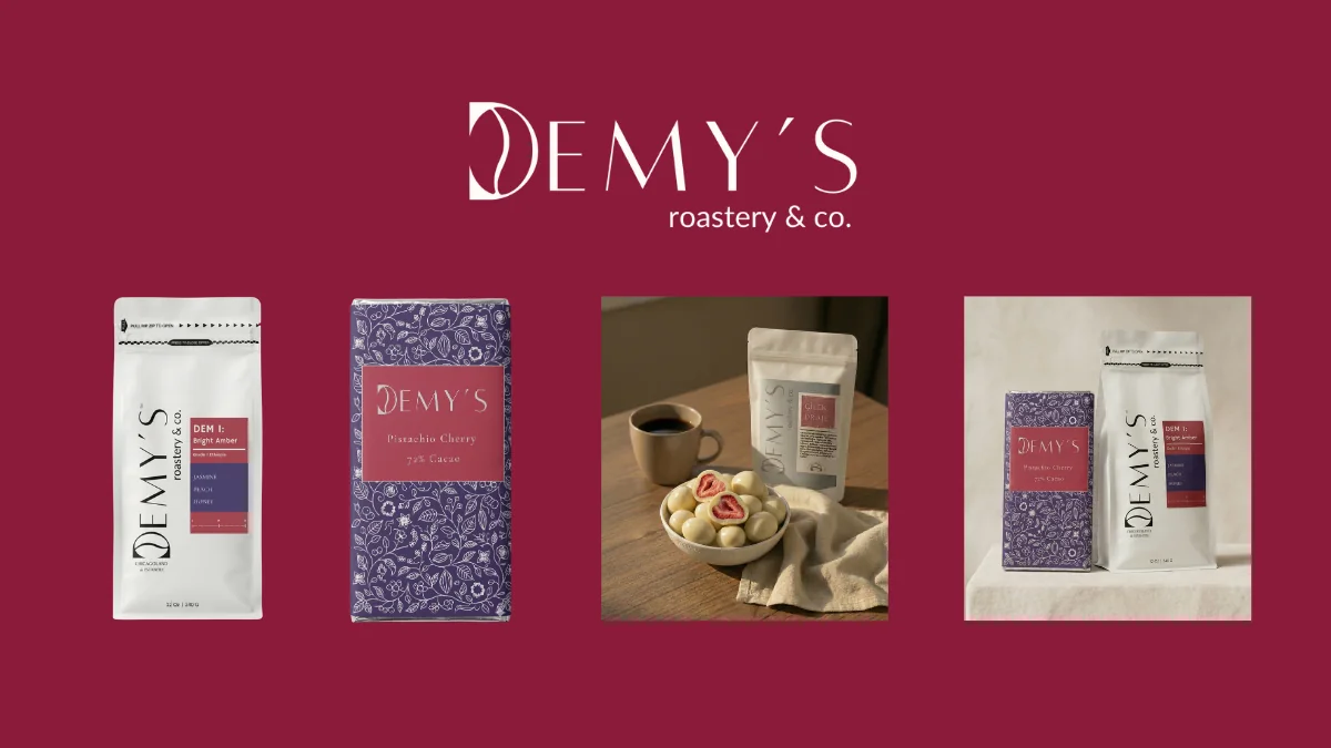 DEMY'S coffee brand identity and packaging presentation